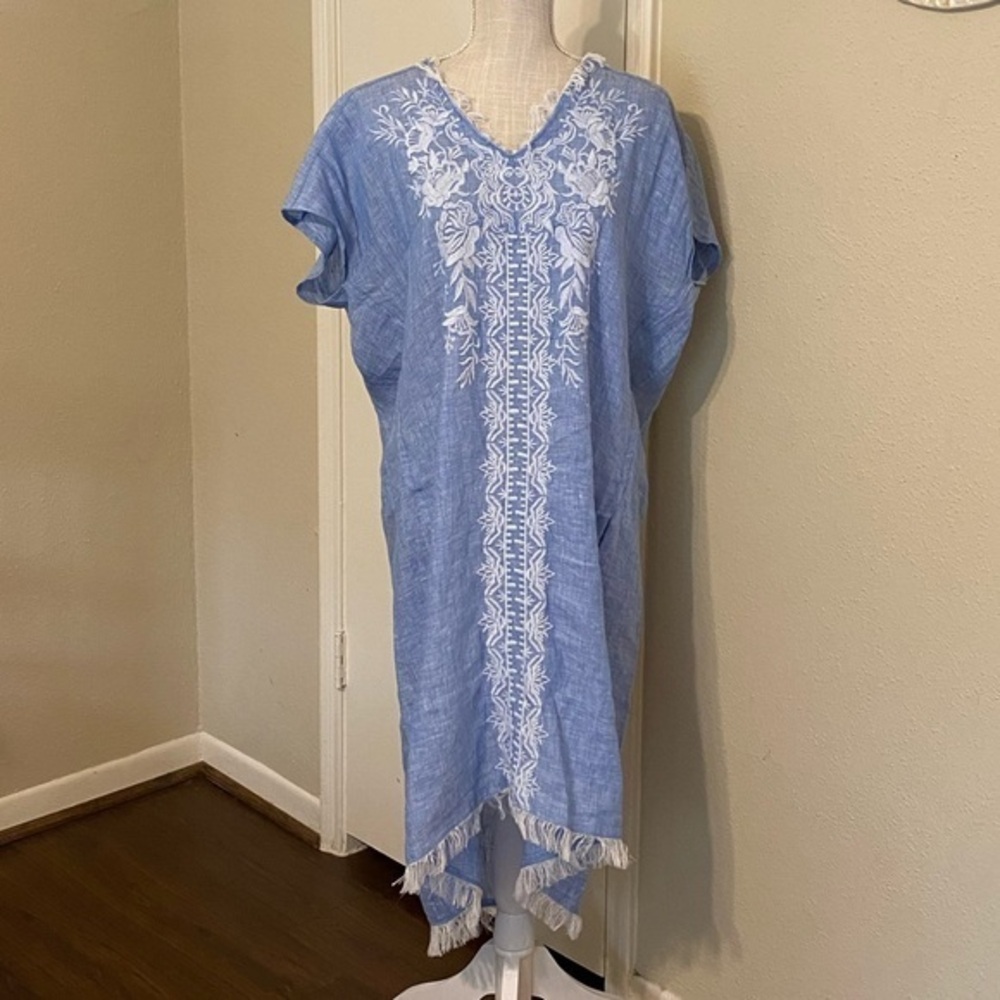Karen Seo Embroidered Linen Kaftan/Dress MIDI